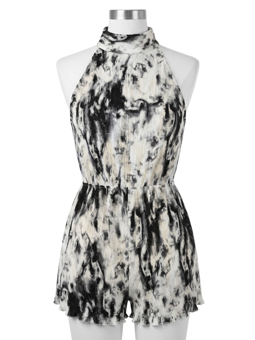 NWOT Halter Neck Black & White Crepe Tie-Dye Romper  (0096)